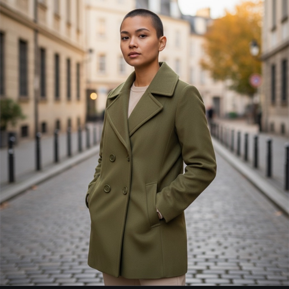 New York and Company green double breasted peacoat.